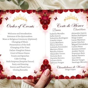 Modèle de programme de Quinceanera rouge et or bourgogne Ordre des événements Quinceañera Coing Damas de Honor Corte Mis Quince Anos XV Liste des Padrinos