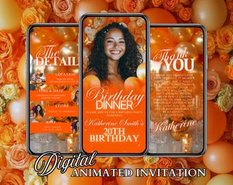 Orange Birthday Invitation, Birthday Dinner Invite, Video Birthday Invite, Digital Birthday Invite, Women Birthday Invite, Birthday Evite