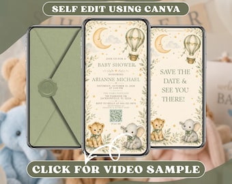 Sage Green Baby Shower Invitation, Watercolor Greenery Moon Hot Air Balloon Elephant Lion Party Invite, Mobile Video, Animated Digital Evite