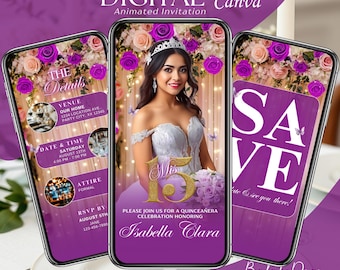 Lavendel Quinceanera Einladung Digital: Animierte Mis XV Anos, 15. Geburtstag Einladungsvorlage, Lila Quince Video, Lila Save the Date Evite