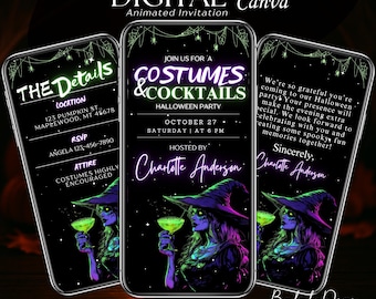 Könnte beinhalten: Digitale Halloween-Party-Einladung auf drei Smartphones. Die Einladung zeigt eine Hexe mit einem Cocktail, mit dem Text "Costumes & Cocktails" und Veranstaltungsdetails. Das Design ist in Lila-, Grün- und Schwarztönen gehalten.
