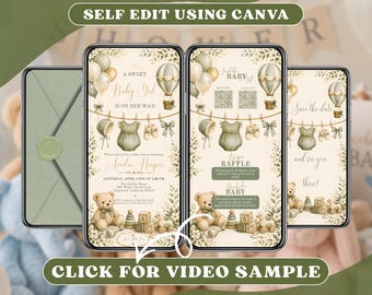 Sage Green Teddy Bear Baby Shower Digital Invitation Template, Green Bow Party Video Invite, Gender Neutral Reveal, Animated Mobile Evite