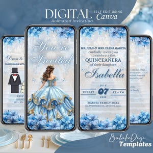 Invitation Quinceanera bleu bébé numérique, animation Mis XV Anos, modèle d'invitation pour 15e anniversaire, vidéo papillon coing, réservez la date Evite