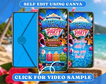 Waterpark video-verjaardagsuitnodiging met envelop digitale evites, geanimeerde kinderen zwembas, Splash Pool Party, zomerweekend uitnodigen