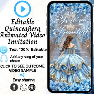 Invito per la festa di Quinceanera in azzurro, invito video XV, invito animato per la festa di Quinceanera in azzurro, 15 anni, inviti digitali per la festa di Quinceanera, invito elettronico per la festa di Quinceanera