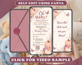 Pink Pumpkin Baby Shower Invitation Digital, Fall Oh Baby Party Online Invite, Floral Butterfly Autumn Girl, Animated Mobile Video Evite