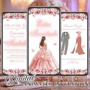 Blush Pink Quinceañera Invitation Video, XV Animated Invite, 15 Años Rose Gold Quinceanera, Digital Quince Evite, Editable Canva Template