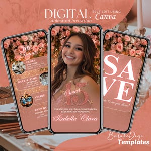 Digital inbjudan till Quinceañera i rouge-rosa, animerad Mis XV Anos, roséguldfärgad 15-årsdagsinbjudan, fjärilskvintevideo, spara datumet-inbjudan