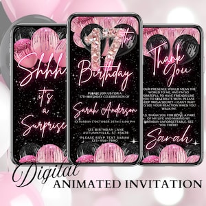 Invitation vidéo rose pour 17e anniversaire, invitation numérique animée, modèle de texte mobile modifiable Sweet 17 Anniversaire, fête d'anniversaire parfaite pour les filles qui fêtent l'âge de 17 ans