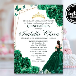 Smaragdgrün und Gold Quinceanera Einladung Mis Quince Años XV Sweet 15 Geburtstag Bday Laden Vorlage Digitale Invitaciones de Quinceños ein