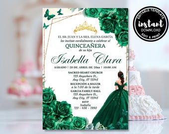 Emerald Green and Gold Quinceanera Invitation Mis Quince Años XV Sweet 15 Birthday Bday Invite Template Digital Invitaciones de Quinceñera