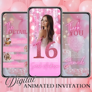 sweet sixteen invite, Pink 16 Birthday Invitation, Sweet 16 Invitation Girl, Dinner, Digital Evites, Party Favor, Birthday Video Invite