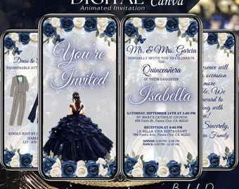 Navy Blue Quinceanera Invitation Digital, Animated Mis XV Template, 15 Years Old Birthday Video, Mis Quince Anos Evite, Save the Date Canva