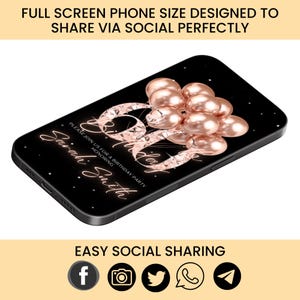 May include: Black smartphone case featuring a rose gold "60" design with balloons and the text "Sarah Smith". The case is designed for easy social sharing.