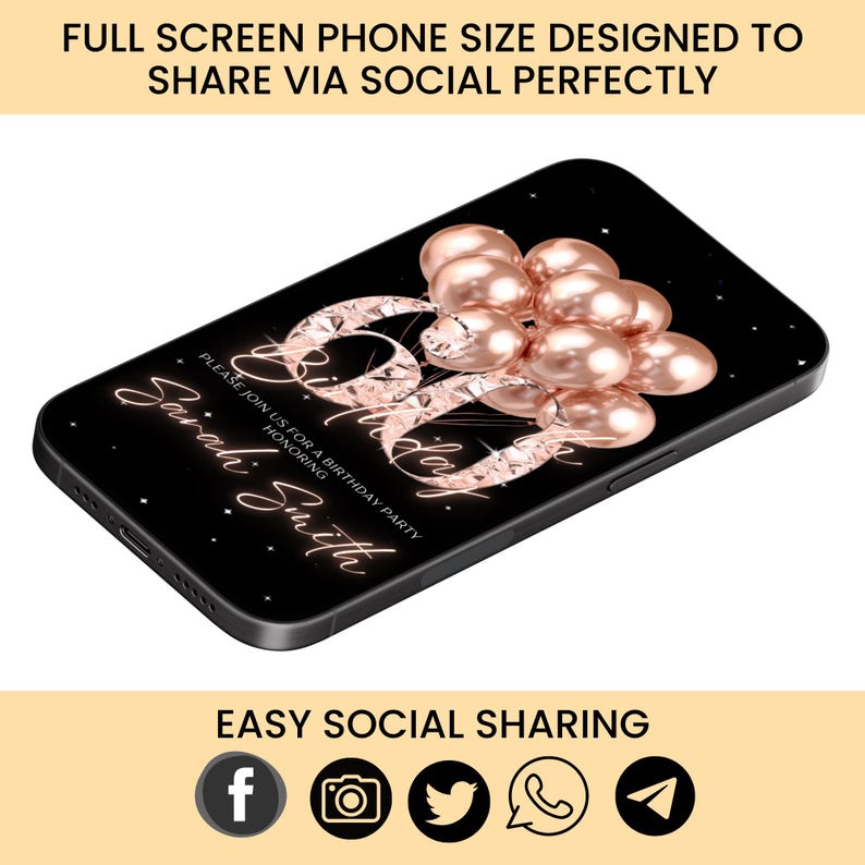 May include: Black smartphone case featuring a rose gold "60" design with balloons and the text "Sarah Smith". The case is designed for easy social sharing.