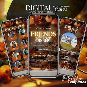 Peut inclure: Invitation numérique animée sur trois smartphones. Les invitations sont pour un dîner de Thanksgiving entre amis, avec des détails tels que la date, l'heure et le nom de l'hôte. Le design présente des couleurs d'automne, des illustrations de nourriture et le texte "Digital Animated Invitation."