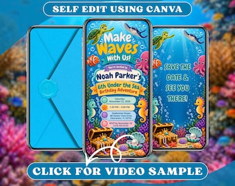 Digitale uitnodiging voor een verjaardagsfeest met onderwaterthema: video met geanimeerde schildpadden, zwembadfeest, zomerse oceaan- en koraalrif-thema voor kinderen.