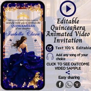 Invito per la festa di Quinceanera blu navy e oro, invito video XV, Quinceanera animata, 15 anni, inviti digitali per la festa di Quinceanera, invito elettronico per la festa di Quinceanera