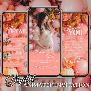 Fall Baby Shower Invitation, Girl Baby Shower Invitations, Pink Baby Shower Invite, Party Favors, Video Evite, Digital Baby Shower Invite