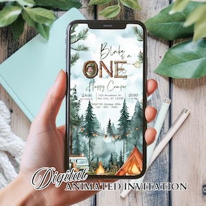 Happy Camper 1st Birthday Invitation: Rustic Forest Evite (Digital, Animated)