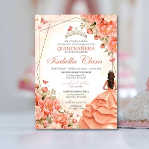 Invitation Quinceanera pêche automne modèle d'invitation modifiable Sweet 15 Añera Orange rose Mis coings Años Xv Invitaciones de Quinceañera corail