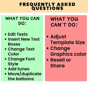 May include: A graphic with the title "FREQUENTLY ASKED QUESTIONS". The left side, in green, lists actions like editing text and changing colors. The right side, in red, lists restrictions such as not adjusting template size or reselling.