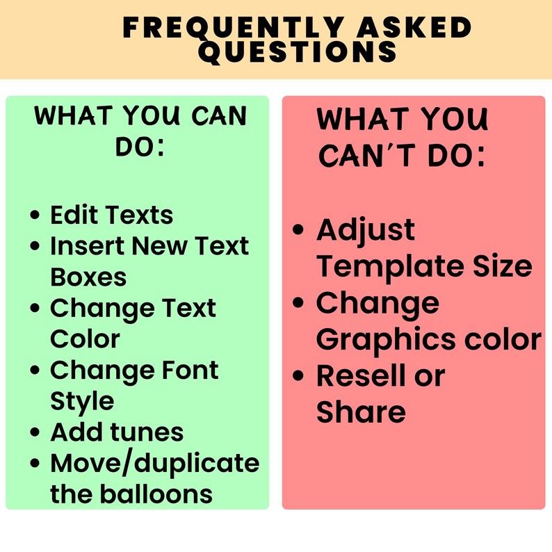 May include: A graphic with the title "FREQUENTLY ASKED QUESTIONS". The left side, in green, lists actions like editing text and changing colors. The right side, in red, lists restrictions such as not adjusting template size or reselling.
