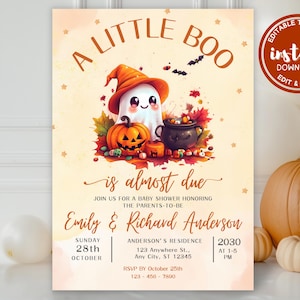 Un piccolo Boo è quasi dovuto Invito per baby shower Invito per festa di Halloween Invito neutro per festa autunnale con zucca e fantasma carino, digitale modificabile