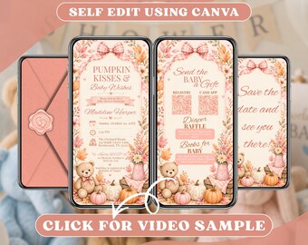 Pink Pumpkin Baby Shower Invitation Digital, Girl Fall Autumn Party Online Invite, Animated Mobile Video Evite, Editable Canva Template
