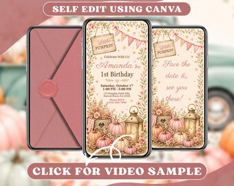 Digital Pink Little Pumpkin Birthday Invitation: Animated Video Mobile Evite, Autumn Farm Harvest Party, Garden Thanksgiving Online Invite