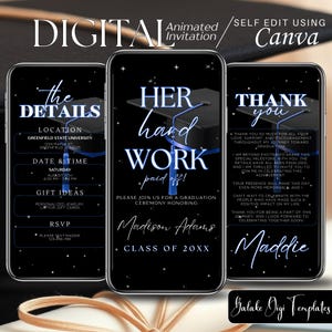 Animated Graduation Invitation: Blue & Black, Class of 2025 (Digital, Editable)