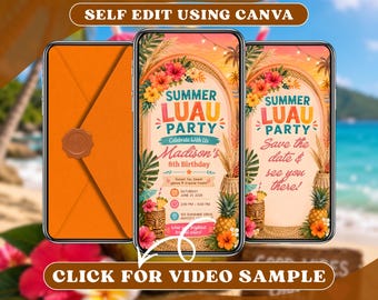Aloha Luau video-verjaardagsuitnodiging met envelop digitale evites, geanimeerde ananas zwembad partij zwemfeest, Splash zomerweekend uitnodigen