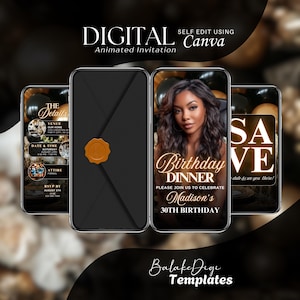 May include: Digital animated invitation template with a black envelope design and a gold wax seal. The invitation features a woman's photo and text that reads "Birthday Dinner" and "Madison's 30th Birthday".