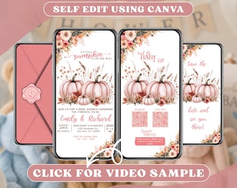 Pink Pumpkin Baby Shower Invitation Digital, Girl Fall Autumn Party Online Invite, Animated Mobile Video Evite, Editable Canva Template