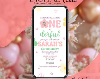 Isn't She One Derful 1st Birthday Invitation, Baby Photo Floral Daisy, Animated Video Evite, Editable Canva, Pink Mint Pastel Phone Template
