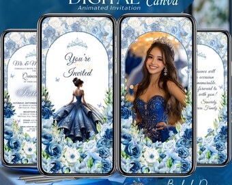 Navy Blue Quinceanera Invitation Digital, Animated Mis XV Anos, 15th Birthday Invite Template, Butterfly Quince Video, Save the Date Evite
