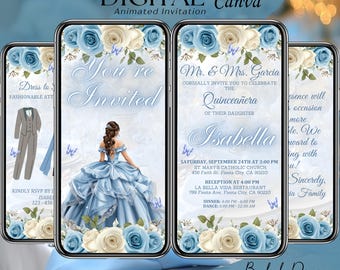 Baby Blue Quinceanera Invitation Digital, Animated Mis XV Template, 15 Years Old Birthday Video, Mis Quince Anos Evite, Save the Date Canva
