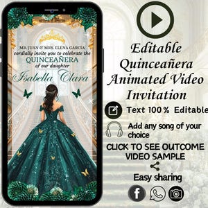 Green Quinceanera Video Invitation Green Mis Quince Años XV Invitación Animada Dulce 15 Años Cumpleaños Invitacion Móvil de Quinceañera Digital