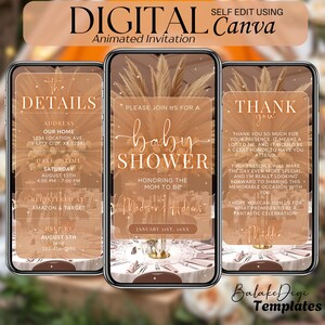 Op de afbeelding: Een digitale uitnodiging voor een babyshower met een boho-thema. De uitnodiging heeft een lichtbruine achtergrond met een bloemstuk en de tekst "babyshower" in wit. De uitnodiging bevat ook de datum, tijd en locatie van de babyshower, evenals de naam van de aanstaande moeder.