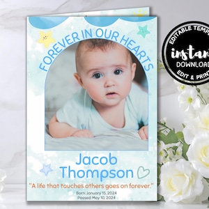 Puede incluir: Una tarjeta conmemorativa azul y blanca con una foto de un bebé. La tarjeta tiene el texto "Forever in our hearts" y "A life that touches others goes on forever." También incluye el nombre del bebé, Jacob Thompson, y las fechas de su nacimiento y fallecimiento.