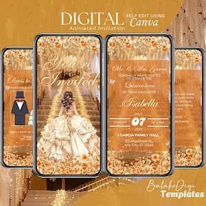 Champagne Quinceanera-uitnodiging digitaal: geanimeerde Mis XV-sjabloon, 15 jaar oude verjaardag, video Evite, Mis Quince Anos, bewaar deze datum