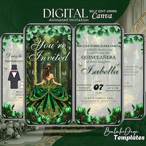 Emerald Green Quinceanera Invitation Digital: Animated Mis XV Anos, 15th Birthday Invite Template, Quince Video, Canva Save the Date Evite