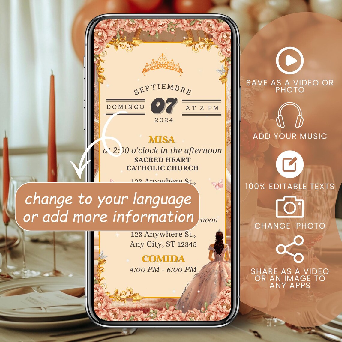 Rose Gold Quinceanera Invitation Digital, Animated Mis XV Anos, 15th ...