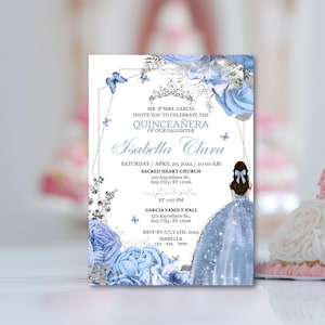 Dusty Blue Quinceañera Invitation: Elegant Floral Design (Digital Download)