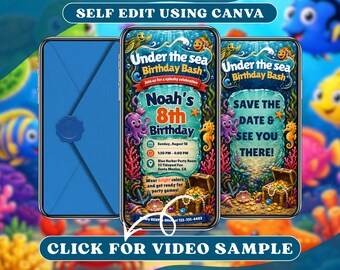 Digitale uitnodiging voor een verjaardagsfeest met onderwaterthema: video met geanimeerde schildpadden, zwembadfeest, zomerse oceaan- en koraalrif-thema voor kinderen.