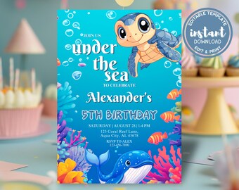 Under the Sea Birthday Invitation, Digital Sea Turtle Birthday Canva Template, Editable Ocean Birthday Theme Invite, Printable Birthday Card