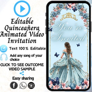 Invito Quinceanera azzurro, XV invito video, invito Quinceanera animato, 15 anni, inviti digitali Quinceanera, invito Quinceanera
