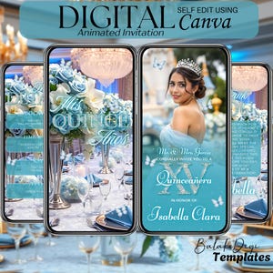 Stoffige blauwe Quinceañera video-uitnodiging Glam XV verjaardagsfeestje digitale Evite Western Fiesta Mis Quince Años geanimeerde 15 jaar oude uitnodiging
