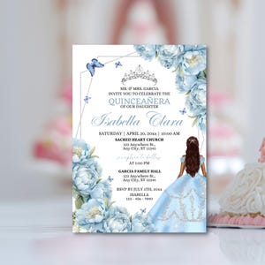 Convite Azul Bebê Quinceanera EDITÁVEL XV Añera Digital Dusty Azul Claro Mis Quince Años Convite para impressão Invitaciones de Quinceañera
