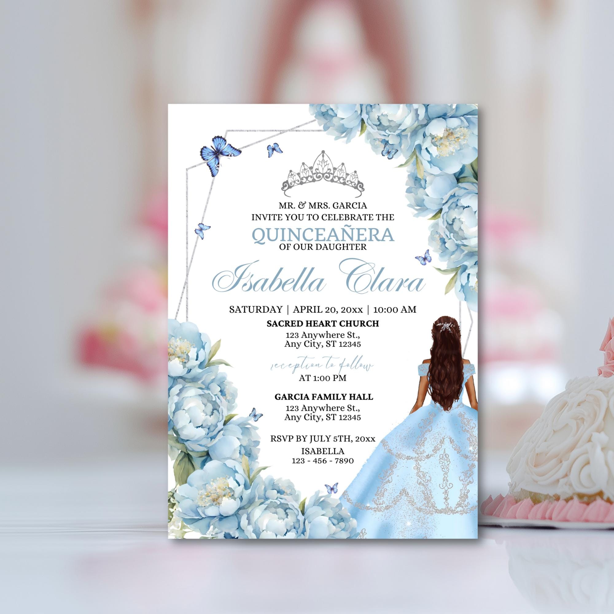 Baby Blue Quinceanera Invitation EDITABLE XV Añera Digital Dusty Light Blue Mis Quince Años Invite Printable Invitaciones de Quinceañera